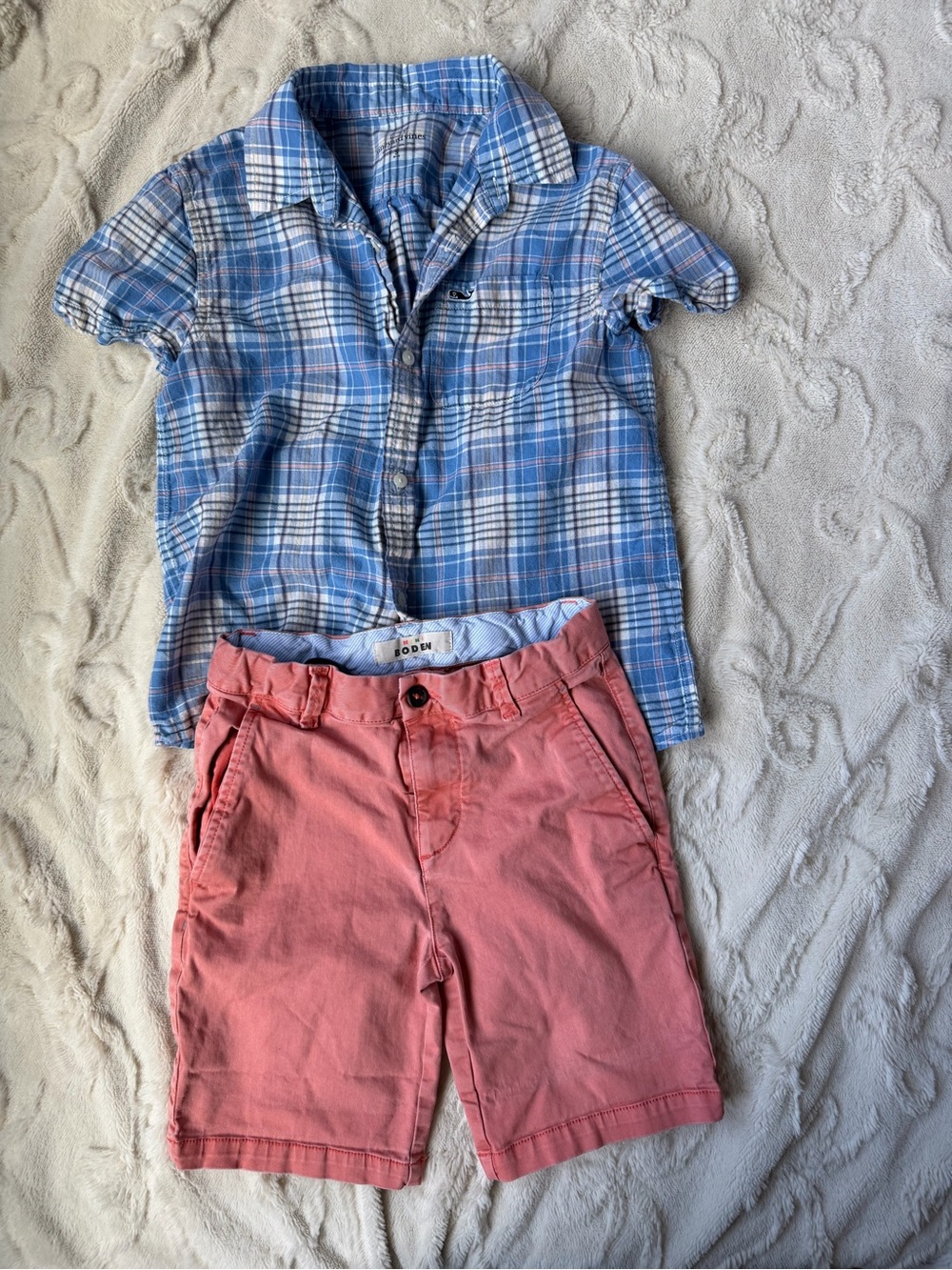 Boden Boys Salmon Chino Shorts with vineyard vines short sleeve button down